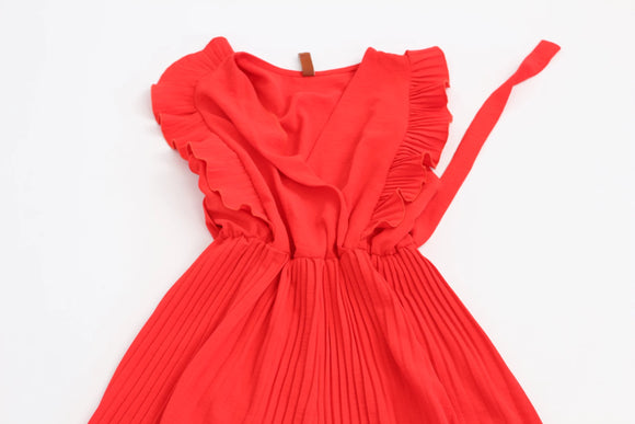 Red sleeveless jumpsuit with frills and waist drawstring - M