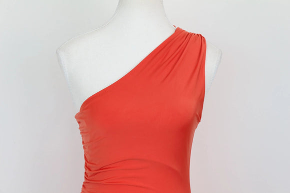 Orange ruched form-fitting asymmetrical maxi dress - M