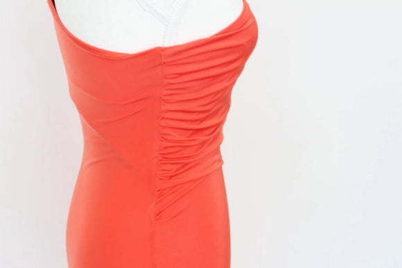 Orange ruched form-fitting asymmetrical maxi dress - M