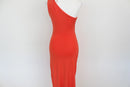 Orange ruched form-fitting asymmetrical maxi dress - M-5