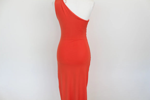 Orange ruched form-fitting asymmetrical maxi dress - M