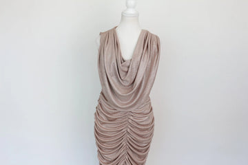 Champagne Sparkle Ruched Midi Dress – Size XL | Thrift Finds