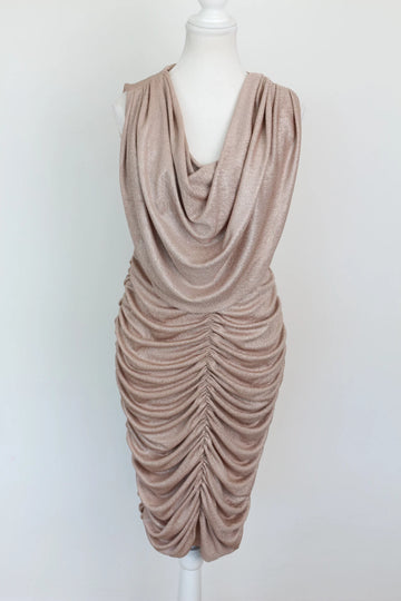 Champagne Sparkle Ruched Midi Dress – Size XL | Thrift Finds - 0