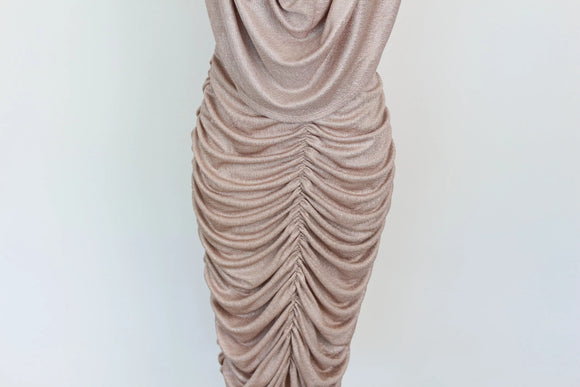 Champagne-coloured sparkled ruched midi dress - XL
