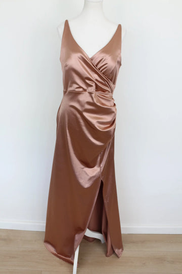 Rose Gold Strappy Bodycon Dress with Side Slit – Size XL | Thrift Finds - 0