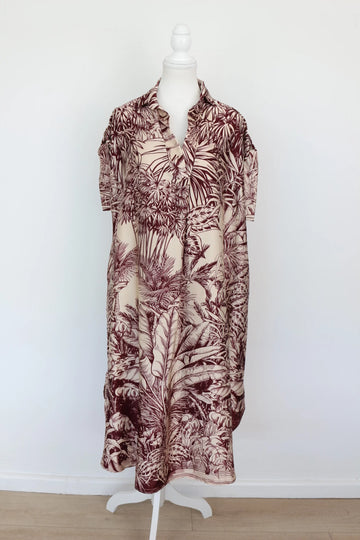 Maroon & Peach Jungle Print Shirt Dress – Size M | Thrift Finds - 0