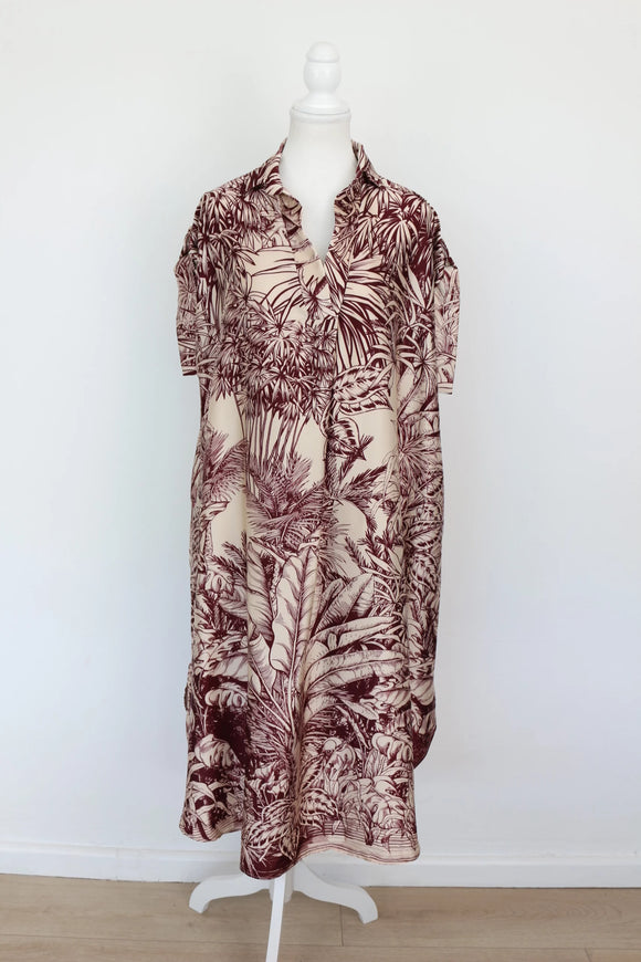 Maroon and peach jungle-patterned shirt dress - M