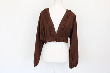 Brown Frilled Long-Sleeve Crop Top – Size XL | Brand new