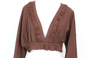 Brown Frilled Long-Sleeve Crop Top – Size XL | Brand new - 0