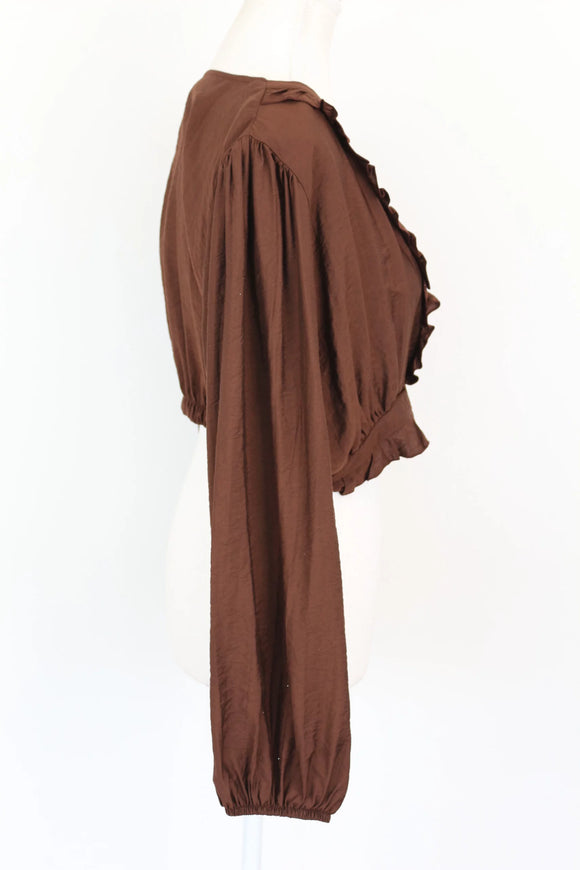 Brown long-sleeved crop top with frills - XL