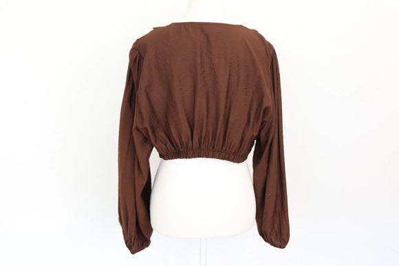 Brown long-sleeved crop top with frills - XL