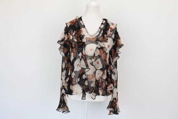 Paramount floral print long-sleeved chiffon blouse with frills - M