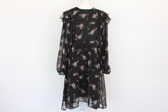 Paramount black chiffon dress with pink floral print - M