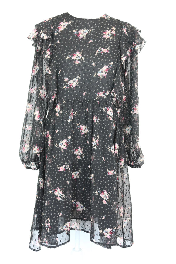 Paramount black chiffon dress with pink floral print - M