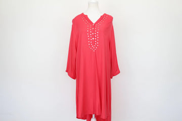 Coral Red Gold Studded V-Neck Kaftan Dress – M