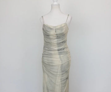 Zara Grey & Cream Ruched Spaghetti Strap Maxi Dress – L