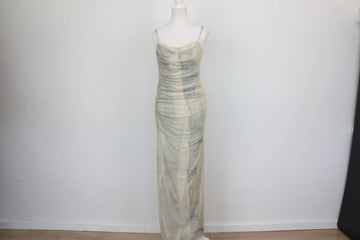Zara Grey & Cream Ruched Spaghetti Strap Maxi Dress – L - 0