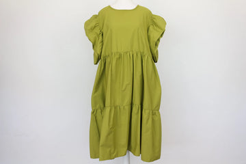 Olive Green Puff Sleeve Tiered Midi Dress – Size 44
