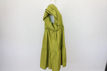 Olive Green Puff Sleeve Tiered Midi Dress – Size 44 - 0