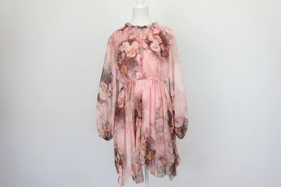 Long sleeve pink floral mini dress - M