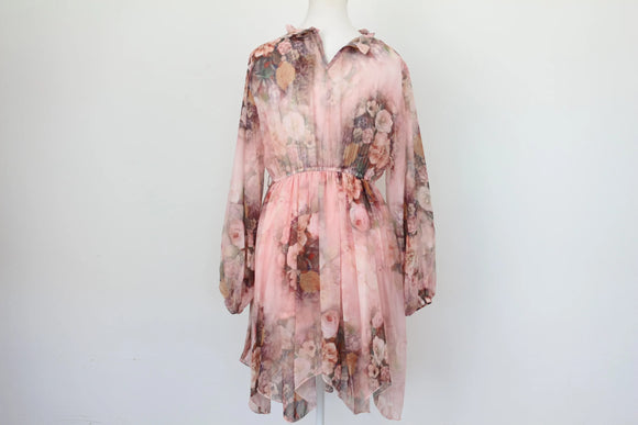 Long sleeve pink floral mini dress - M
