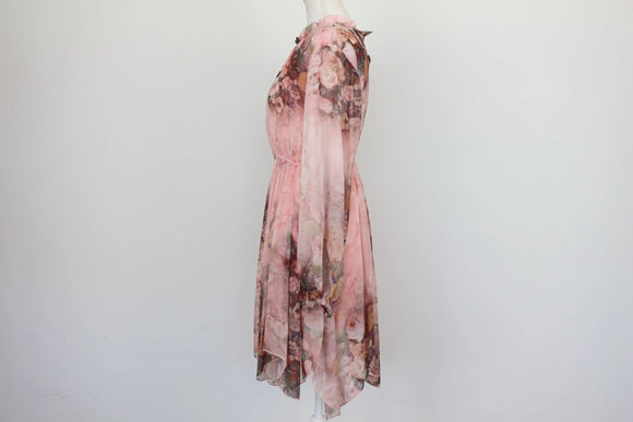 Long sleeve pink floral mini dress - M