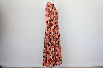 Terracotta Tropical Print Smocked Tiered Ruffle Maxi Dress – L - 0