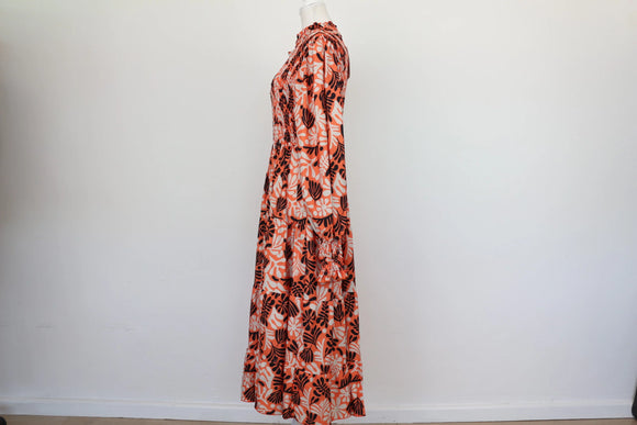 Orange/white/black floral maxi dress with long sleeves - L