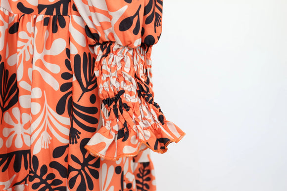 Orange/white/black floral maxi dress with long sleeves - L