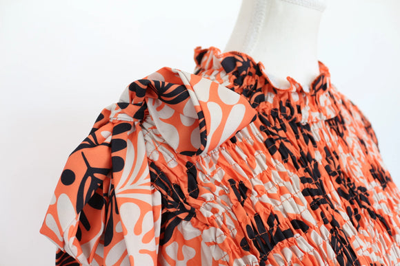 Orange/white/black floral maxi dress with long sleeves - L