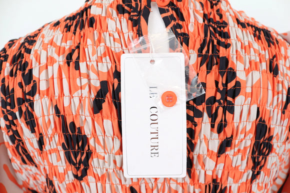 Orange/white/black floral maxi dress with long sleeves - L