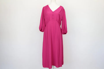 Bright Pink Puff Sleeve Midi Dress – V-Neck | Size 12 | New with Tags
