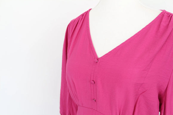 Bright pink midi dress with puff sleeves - 12
