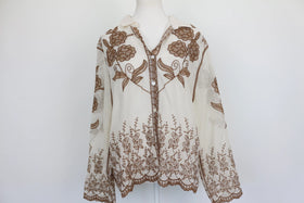 Cream buttoned down blouse with brown embroidery - L