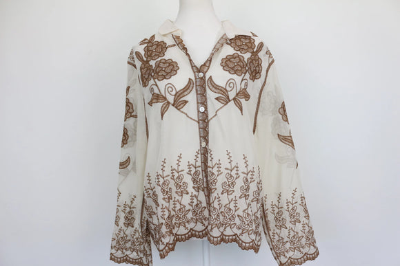 Cream buttoned down blouse with brown embroidery - L