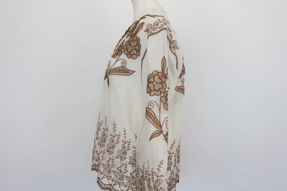 Cream buttoned down blouse with brown embroidery - L