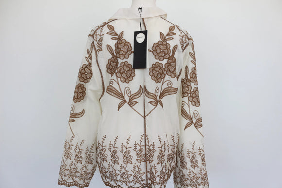 Cream buttoned down blouse with brown embroidery - L