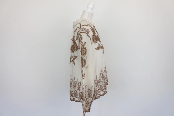 Cream buttoned down blouse with brown embroidery - L