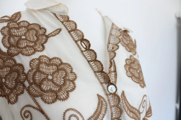 Cream buttoned down blouse with brown embroidery - L