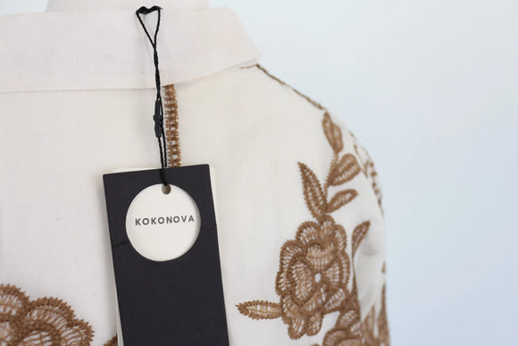 Cream buttoned down blouse with brown embroidery - L