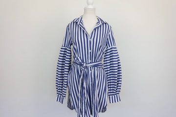 Zara Navy & White Stripe Oversized Balloon Sleeve Belted Shirt Dress – S
