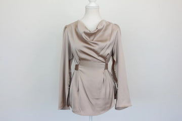 Daisy Stone Long-Sleeve Satin Blouse – Stone | Size M