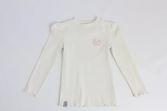 Earthchild cream ribbed long sleeve top with pink embroidery