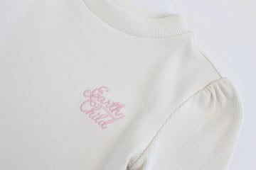 Earthchild Kids' Cream Ribbed Long-Sleeve Top – Pink Embroidery | Brand New - 0