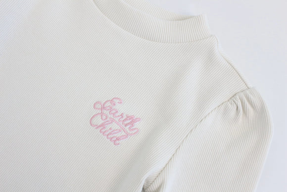 Earthchild cream ribbed long sleeve top with pink embroidery