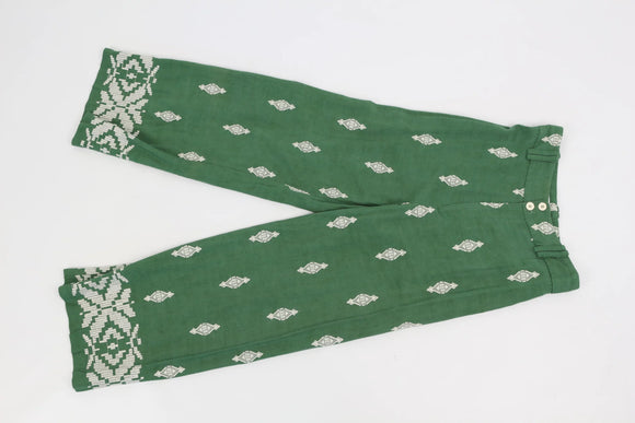ZARA green linen wide leg pants with white embroidery - XS