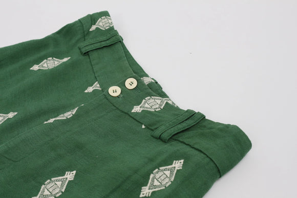 ZARA green linen wide leg pants with white embroidery - XS