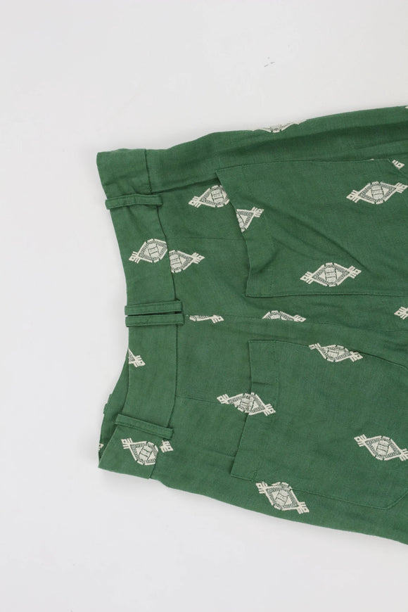 ZARA green linen wide leg pants with white embroidery - XS
