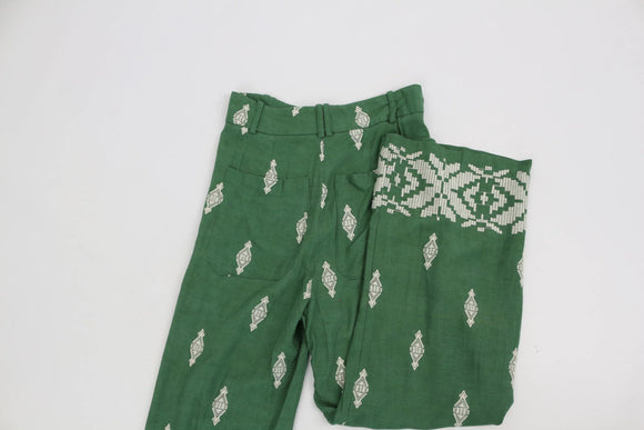 ZARA green linen wide leg pants with white embroidery - XS