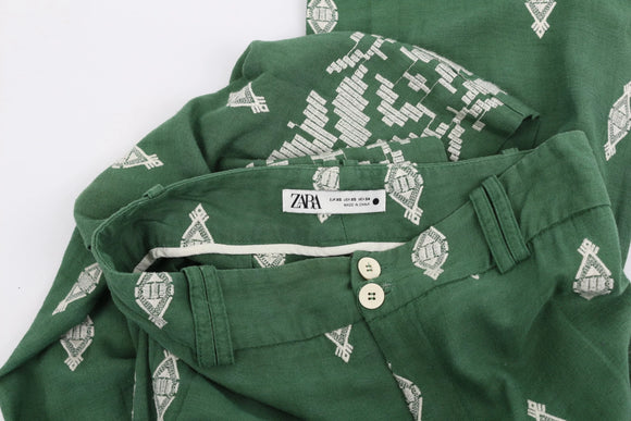 ZARA green linen wide leg pants with white embroidery - XS